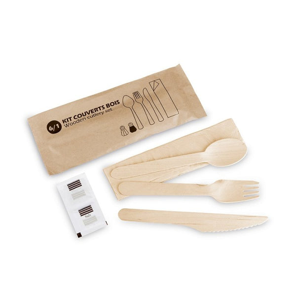 Couverts bois – Couteau, fourchette, c. dessert et serviette